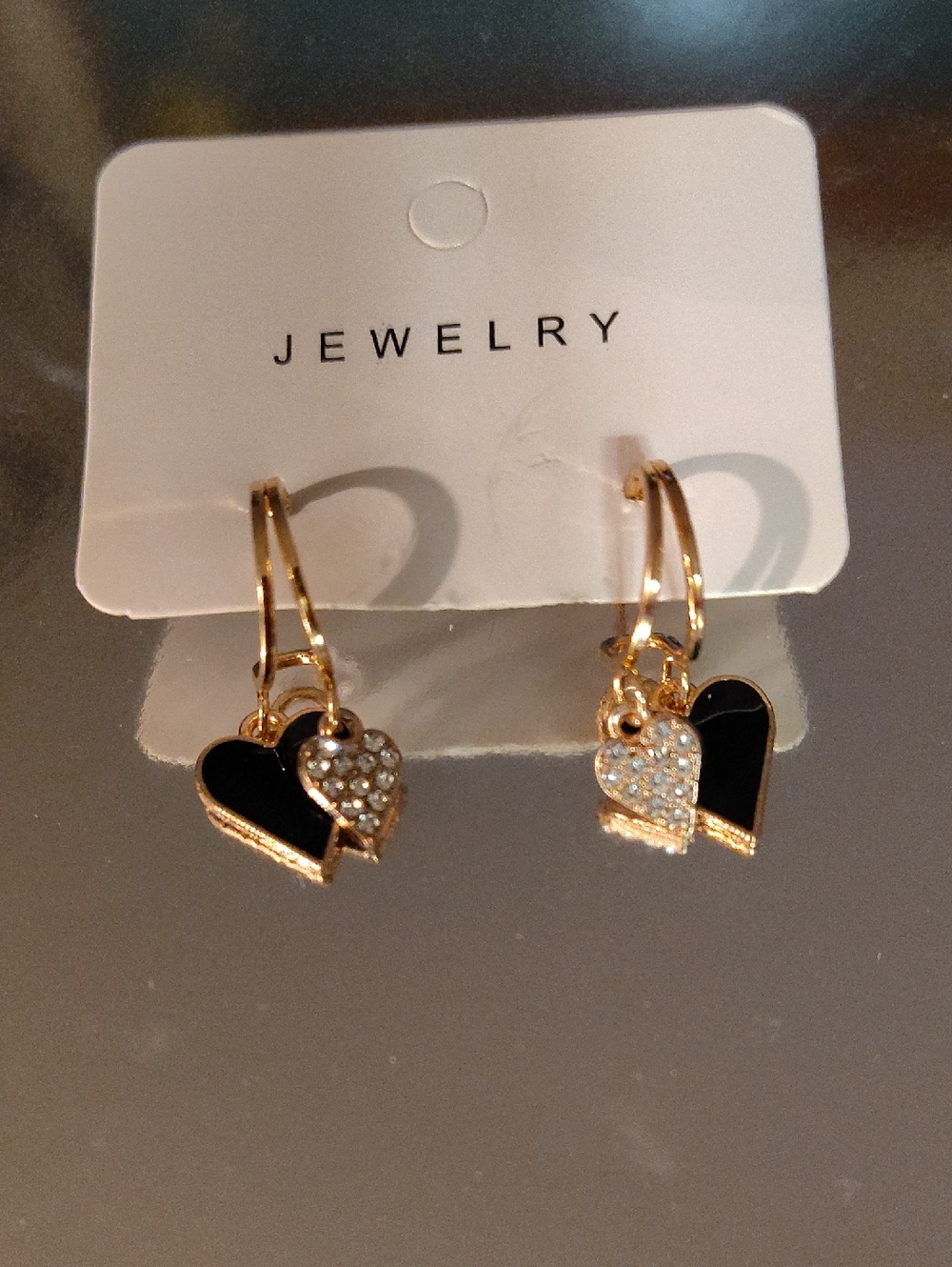 Fashion Jewelry Gold Heart Drop Earrings with Black and Crystal Hearts